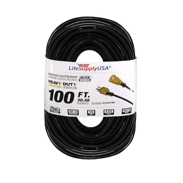LifeSupplyUSA 100 ft. 10/3 SJTW 15 Amp 125-Volt 1875-Watt Lighted End Indoor/Outdoor Black Heavy-Duty Extension Cord (5-Pack)