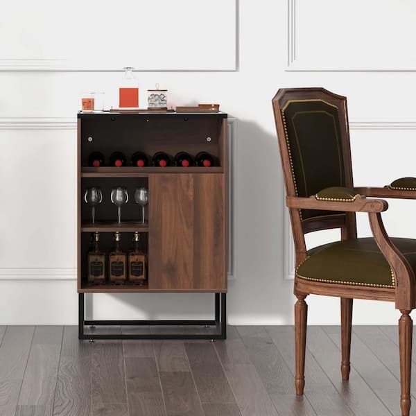 Costway Brown plus Black MDF 24 in. Wine Storage Cabinet Buffet Sideboard with Adjustable Shelf and Sliding Door