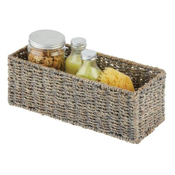 Gray bathroom storage basket. Wicker organizer with dividers