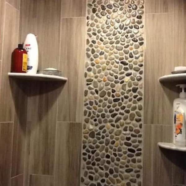 Mid Polish Pebble Stone Floor, Pebble Stone Backsplash Bathroom