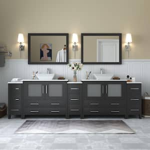 Ravenna 108 in. W Bathroom Vanity in Espresso with Double Basin in White Engineered Marble Top and Mirror