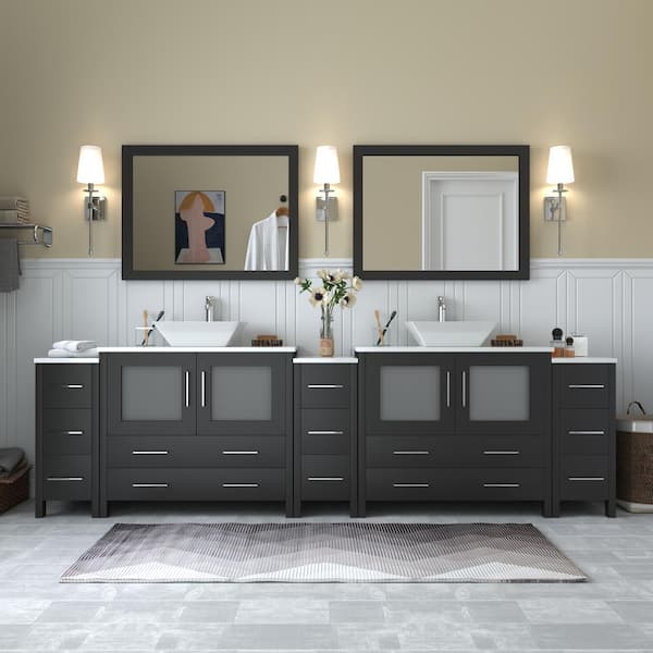 Vanity Art Ravenna 108 in. W Bathroom Vanity in Espresso with Double Basin in White Engineered Marble Top and Mirror