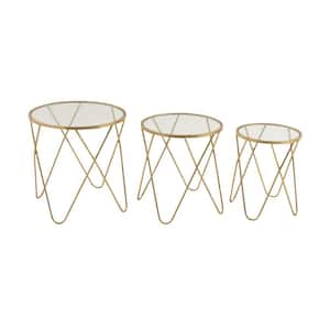 21 in. Gold Large Round Glass End Accent Table with Clear Glass Top (3- Pieces)