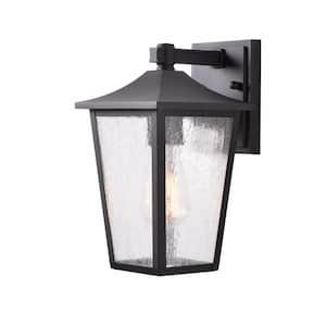 1-Light Black Aluminum Outdoor Wall Lantern Sconce with Seeded Glass