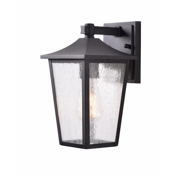 Home Decorators Collection 10.5 in. 1-Light Hardwired Black Aluminum Outdoor Wall Light Lantern Sconce with Seeded Glass
