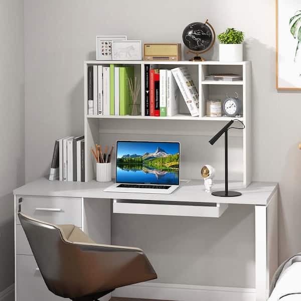 29 in. Tall White Wood Computer Desktop Bookcase Countertop Storage Bookshelf Organizer with 4 Cubbies