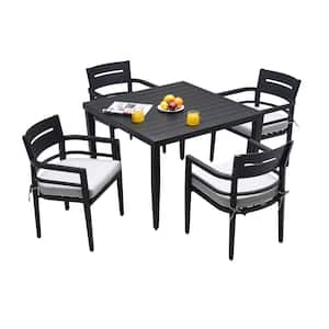 5-Piece Matte White Aluminum Outdoor Dining Set with Grayish Cushions and Umbrella Hole