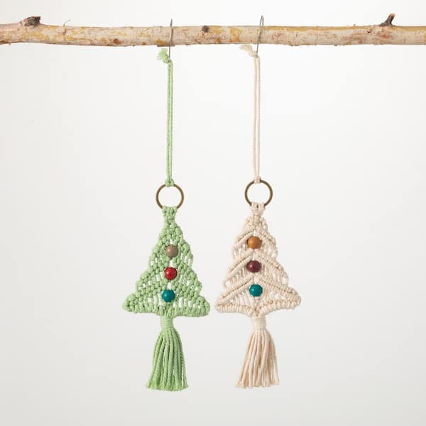 Vintage Green Macrame and Red Beads Hanging Christmas Tree Decor
