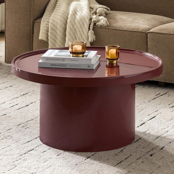 Ursula 32 in. Wine Round Wood Coffee Table with Glossy Enamel Finish