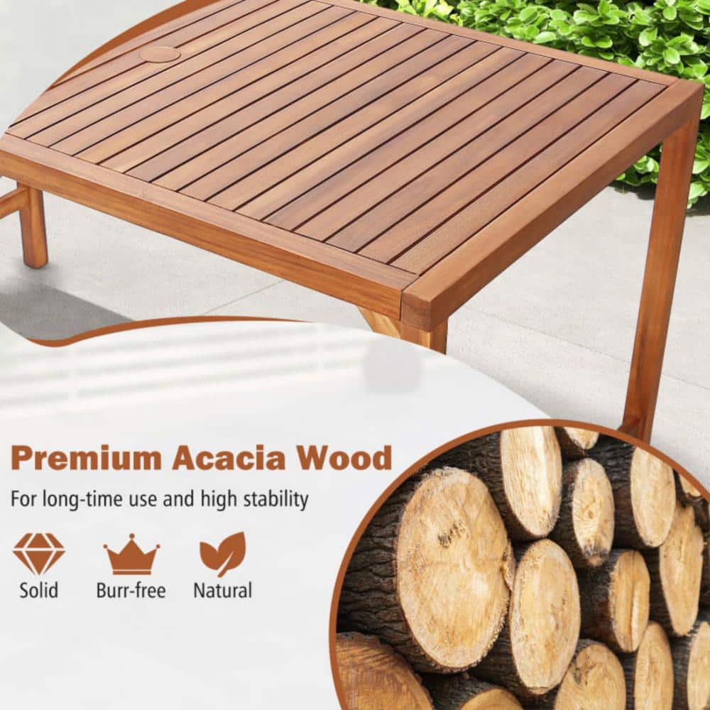 67-Inch Brown Acacia Wood Outdoor Dining Table with Umbrella Hole
