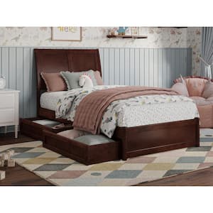 Andorra Walnut Brown Solid Wood Frame Twin Platform Bed with Panel Footboard and Storage-Drawers