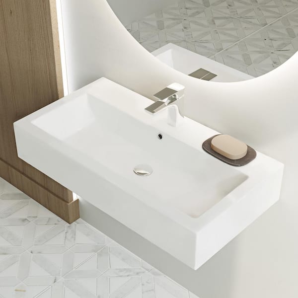 Swiss Madison Glossy White Ceramic Rectangle Voltaire Wide Wall Hung Vessel Sink