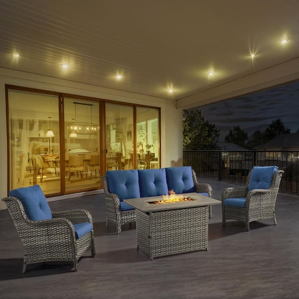 Opohoro 4-Piece Gray Wicker Outdoor Patio Rectangular Fire Pit Conversation Set with Blue Cushions and Sectional Sofa