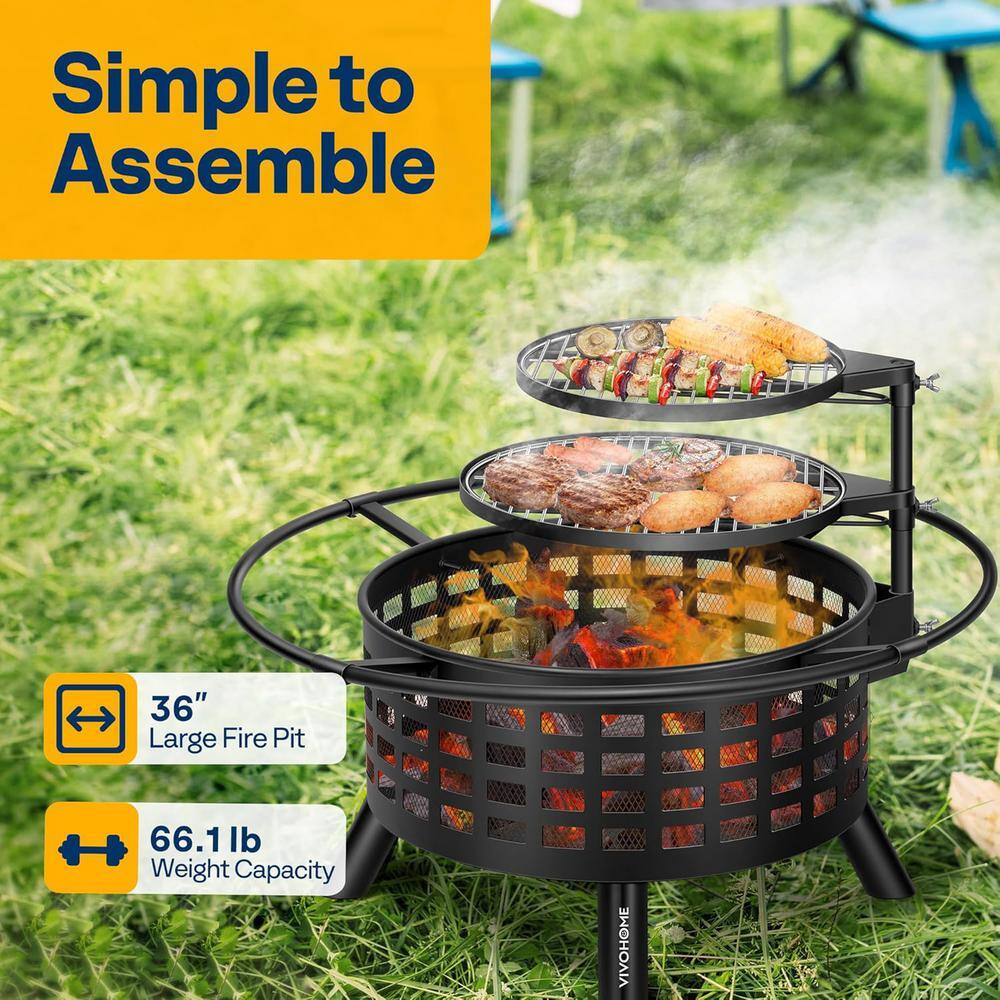 36-Inch Black Metal Round Fire Pit with Dual Grills