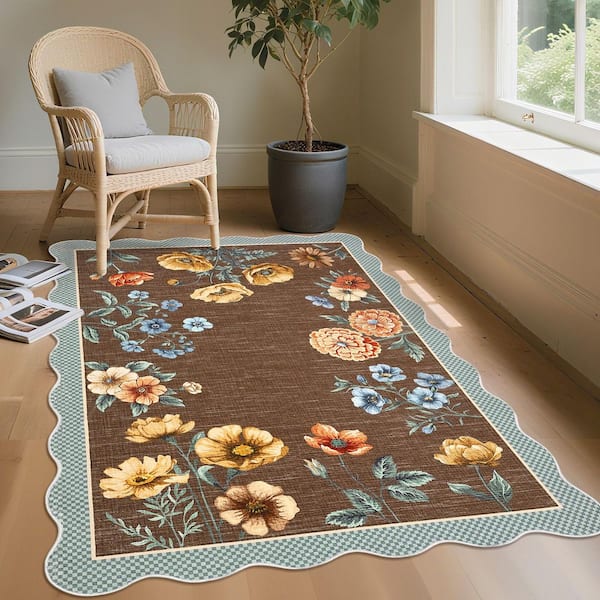 Coffee 5 ft. x 7 ft. Floral Scalloped Rug Low Pile Non-Slip Polyester for Living Rooms and Bedrooms