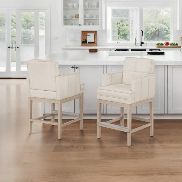 Cavino 27 in. Linen Fabric Upholstered Counter Height Bar Stool Armrests and Wood Frame Counter Stool Set of 2