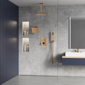 Thermostatic 7-Spray Ceiling Mount Dual Shower Head Fixed and Handheld Shower Head in Rose Gold (Valve Included)