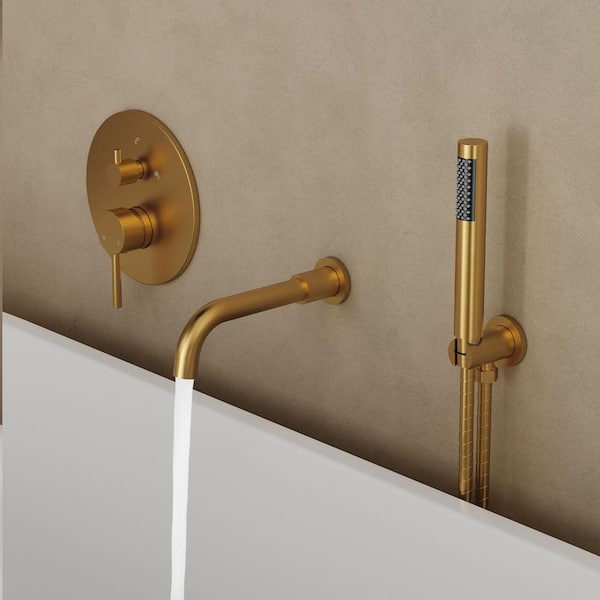 1-Handle 2-Spray Wall-Mounted Tub and Shower Faucet with Handheld Shower 2.5 GPM in Brushed Gold Valve Included
