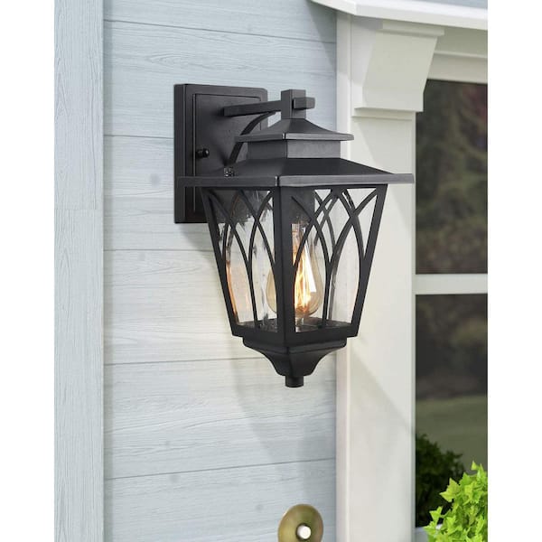 JAZAVA 1-Light Black Hardwired Outdoor Wall Lantern Sconce with Seeded Glass Pier Mount Light