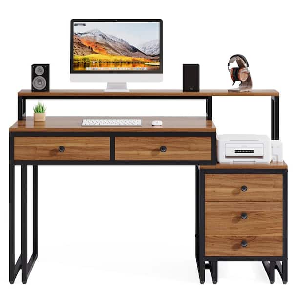 BYBLIGHT Moronia 51.18 in. Rectangle Light Walnut Wood 5-Drawer Computer Desk Writing Table with Storage and Monitor Shelf