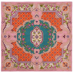 Bellagio Blue/Pink 3 ft. x 3 ft. Floral Border Square Area Rug