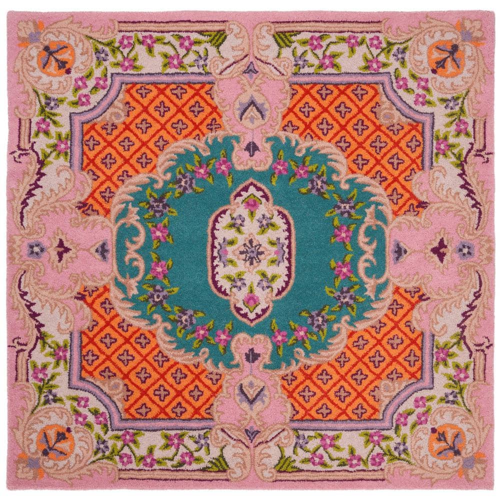 Handmade Tufted Medallion 5' Square Rug in Blue/Pink Wool & Viscose