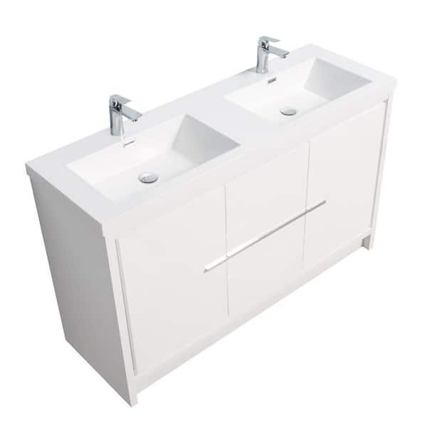 BATHLYN Boardwalk 58.5 in. W x 19.5 in. D x 35.4 in. H Double Sink Bath Vanity in White with White Resin Top