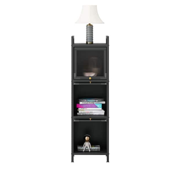 Unbranded 13.78 in. W 47.24 in. H x 14.17 in. D Metal Iron Rectangular 3-Tier Shelf with Glass Doors and Wheels in Black