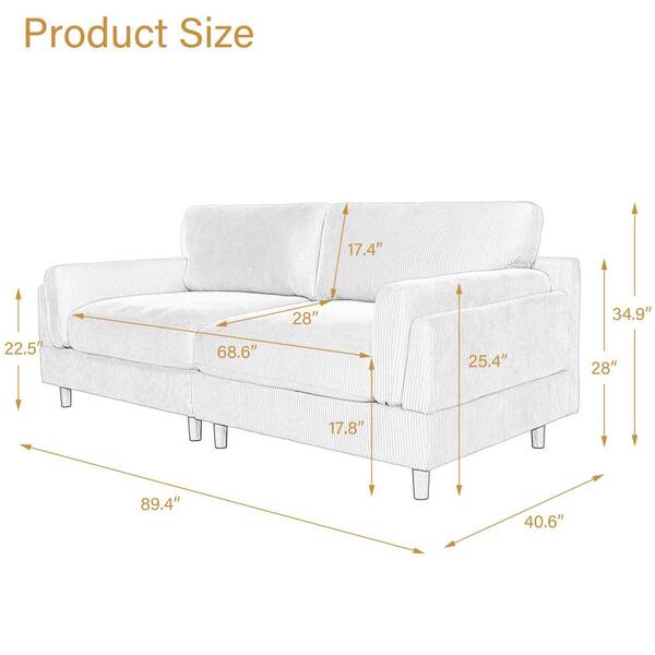 Uixe 89.4 in. Modern Square Arm Light Gray Corduroy Fabric