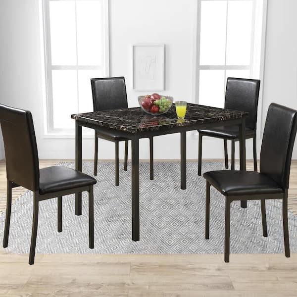 5 Piece Dining Set Kitchen Table Set Faux Marble Metal w/4 Leather Chairs 