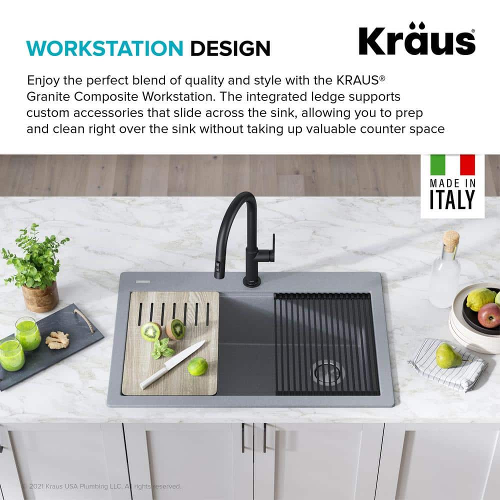 33 in. Metallic Gray Granite Composite Single Bowl Kitchen Sink