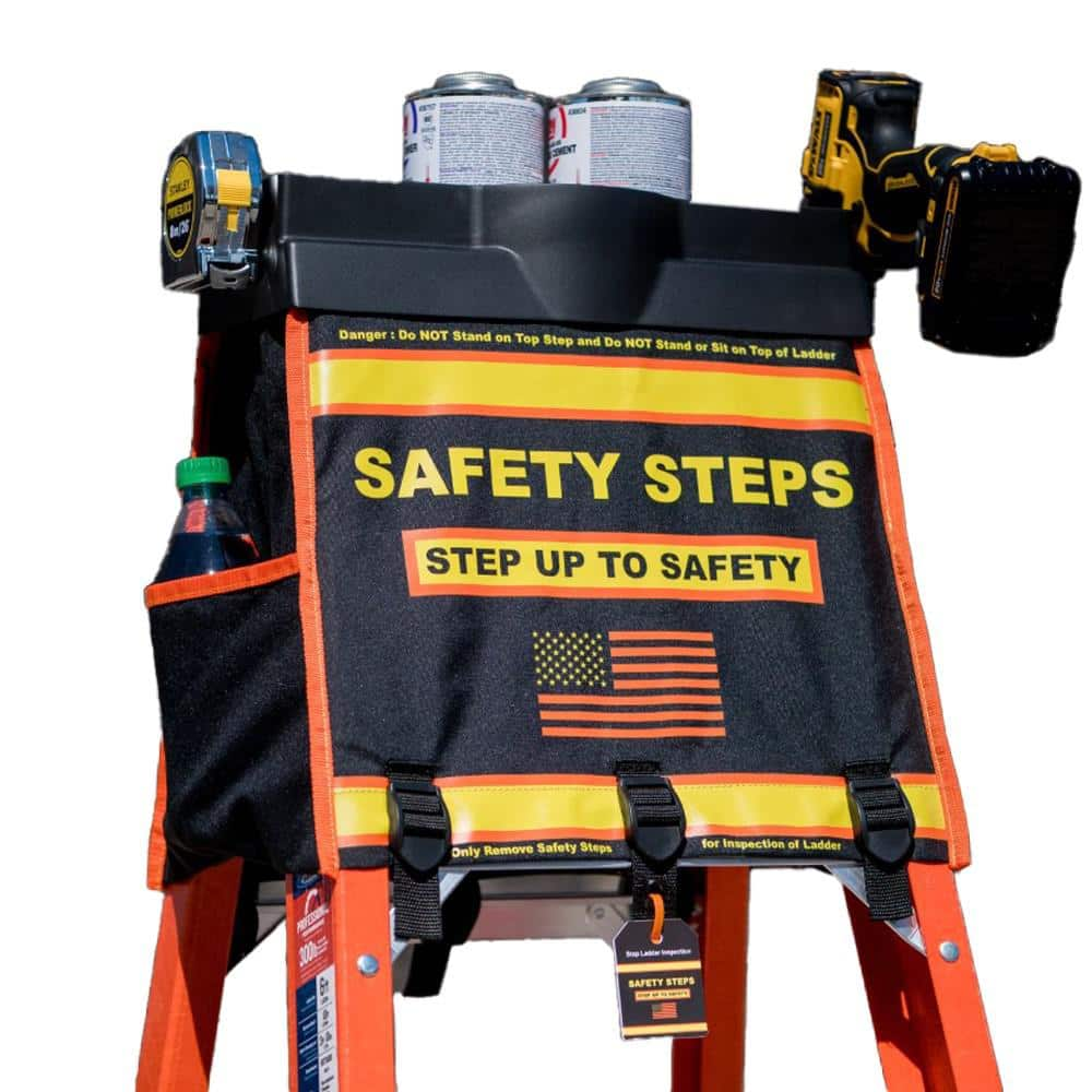 SAFETY STEPS Ladder Accessory and Organizer, Project Tray with Tool Pouches, Paint Storage, and Slidable Hook, OSHA Compliant