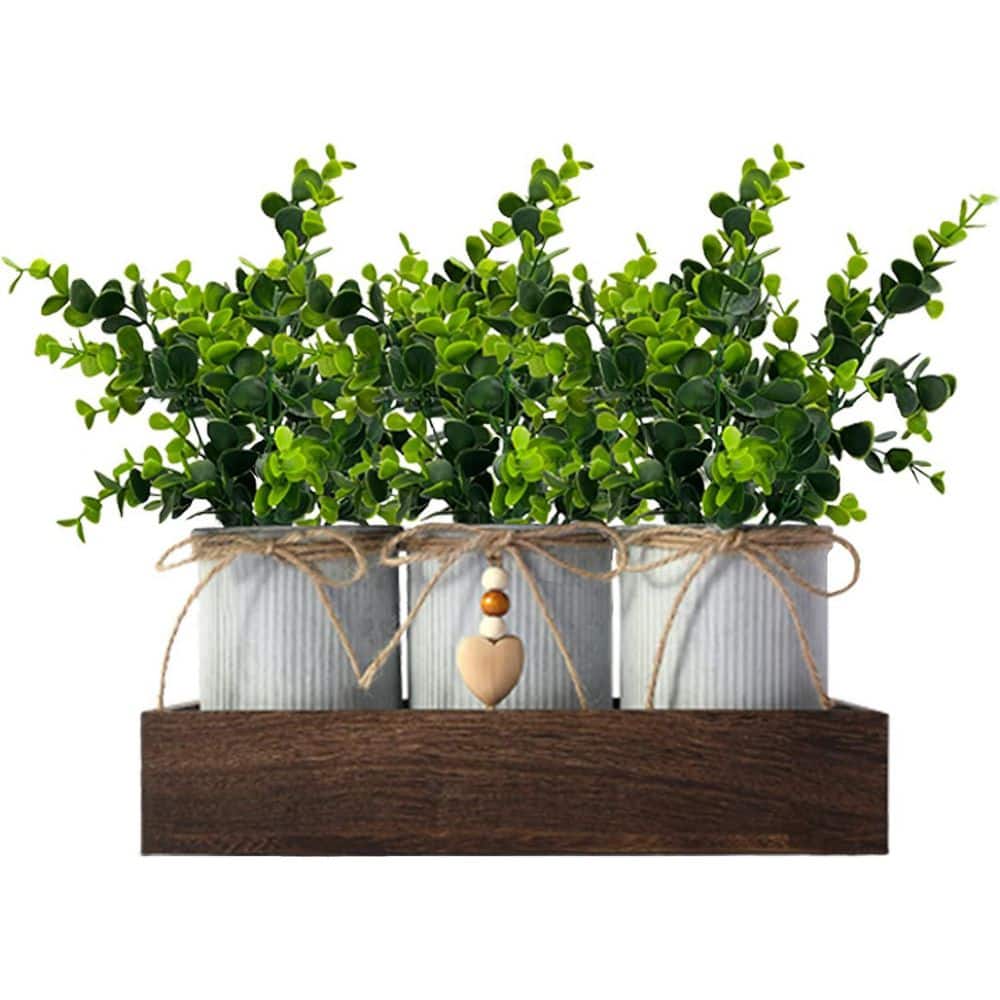 11 in. Green Indoor Artificial Eucalyptus in Silver Pot Set of 3