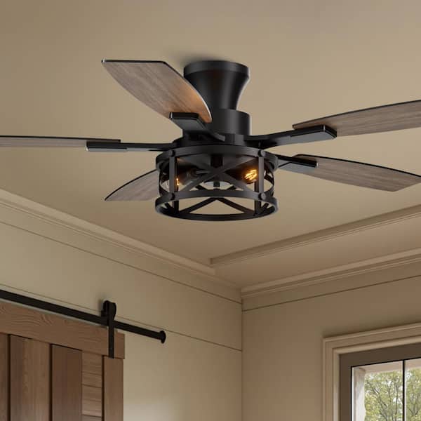 52 in. Flush Mount Ceiling Fan: Light + Remote, Low-Profile Farmhouse, Black Caged, Indoor/Outdoor.
