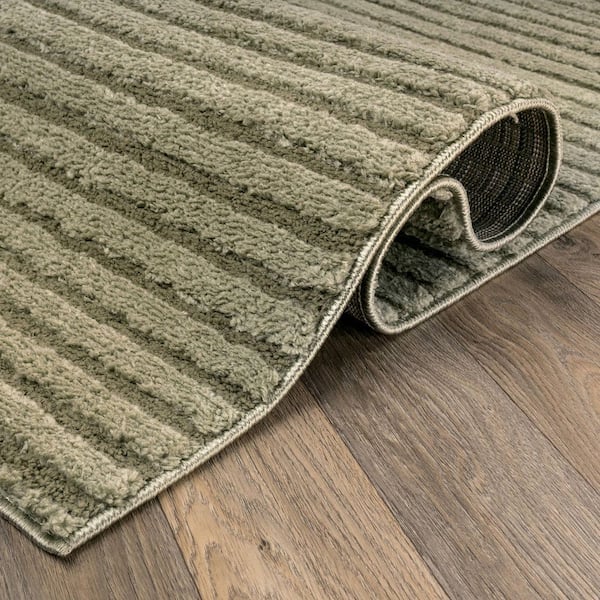 Horizontal Stripe Power Loomed Soft Shag High-Low Indoor 2 ft. x 12 ft. Green Area Rug