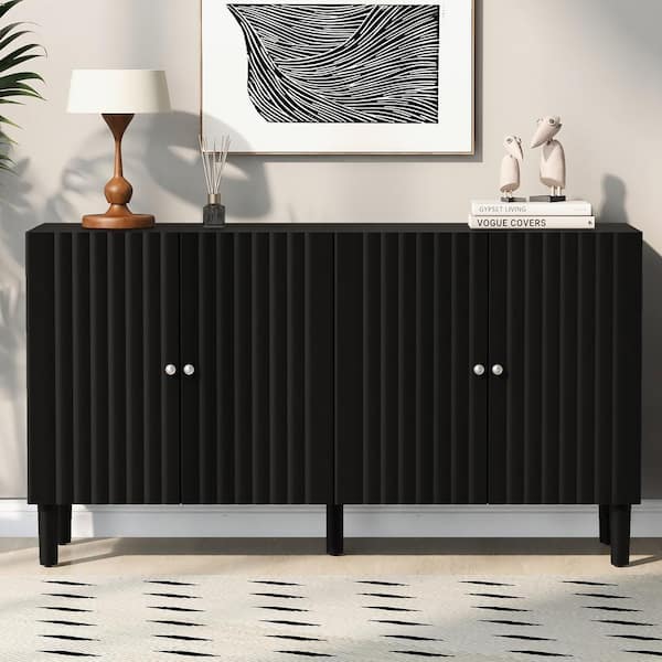 Boosicavelly Black MDF 58 in. Sideboard with Adjustable Shelves, Wavy Pattern Doors