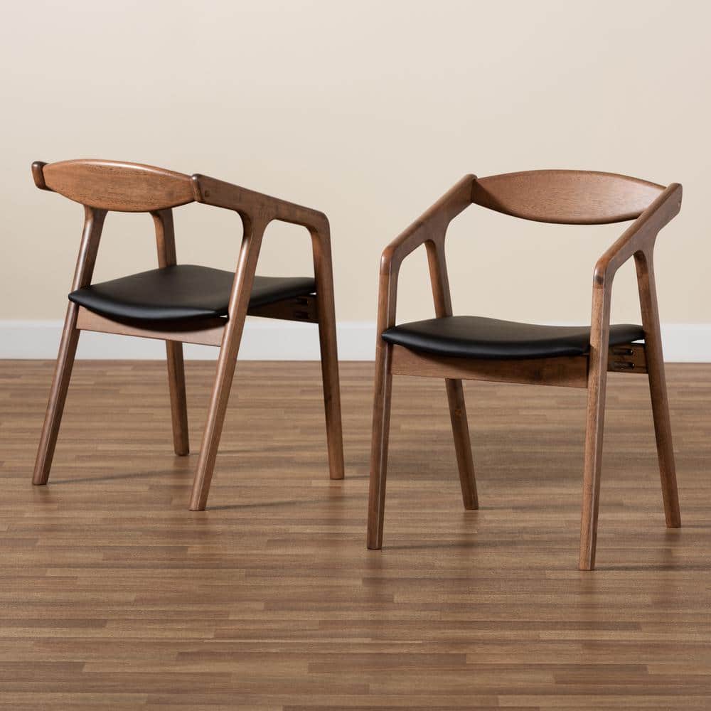 Harland Mid-Century Modern Black Faux Leather & Walnut Arm Chair