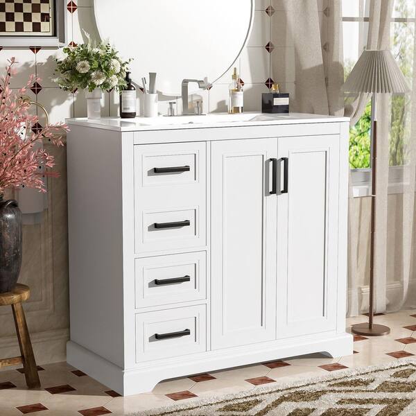 Virubi 36 in. W Single Sink Modern White Bath Vanity with White