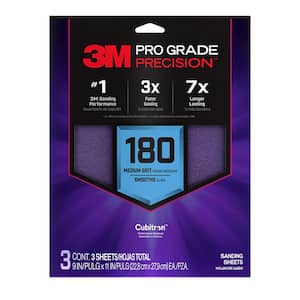 Pro Grade Precision 9 in. x 11 in. 180 Grit Faster Sanding Sheet With No-Slip Grip Backing (3-Pack)