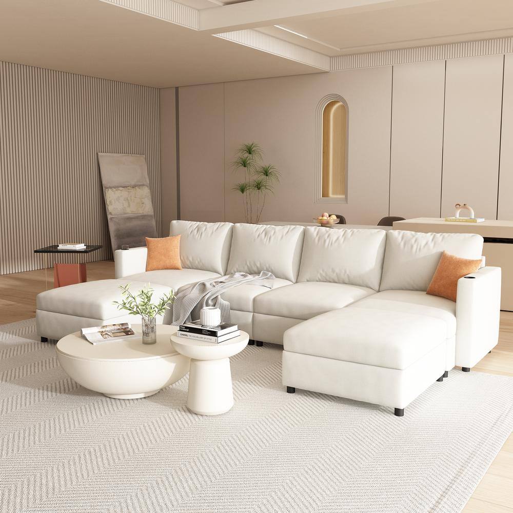 123.6 in. Chenille Modular U-Shape Sectional Sofa in. Antique White with 2-Ottomans, 2-Cup Holders, 6-Seat with Storage price history on PriceWatchPro
