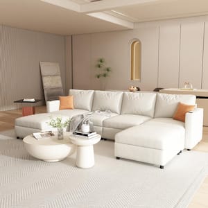 123.6 in. Chenille Modular U-Shape Sectional Sofa in. Antique White with 2-Ottomans, 2-Cup Holders, 6-Seat with Storage