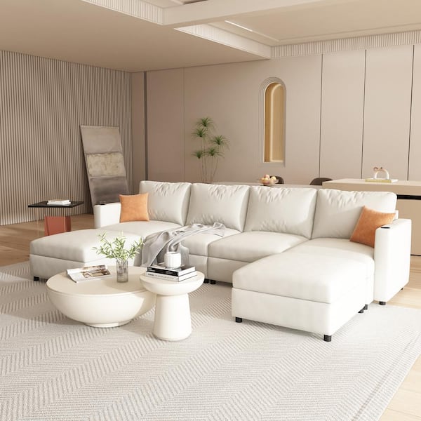 Harper & Bright Designs 123.6 in. Chenille Modular U-Shape Sectional Sofa in. Antique White with 2-Ottomans, 2-Cup Holders, 6-Seat with Storage