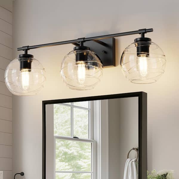25 in. 3-Light Matte Black Globe Vanity Light with Clear Glass Shade for Bathroom Multi Mounting Positions