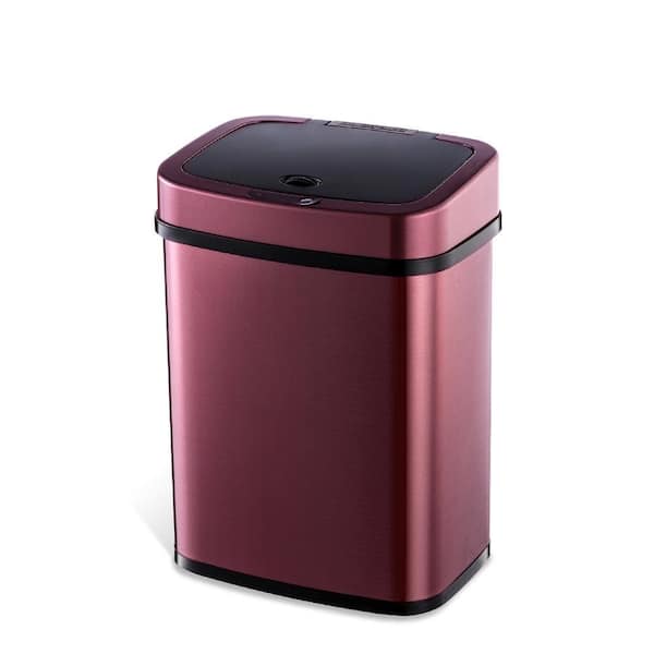 NINESTARS 3 Gal. Burgundy Stainless Steel Rectangular Shape Motion Sensor Metal Household Trash Can
