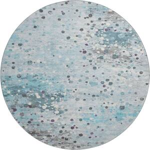 Mayfield Premium Machine Washable Abstract AMF2007 Teal 8 ft. x 8 ft. Round Rug