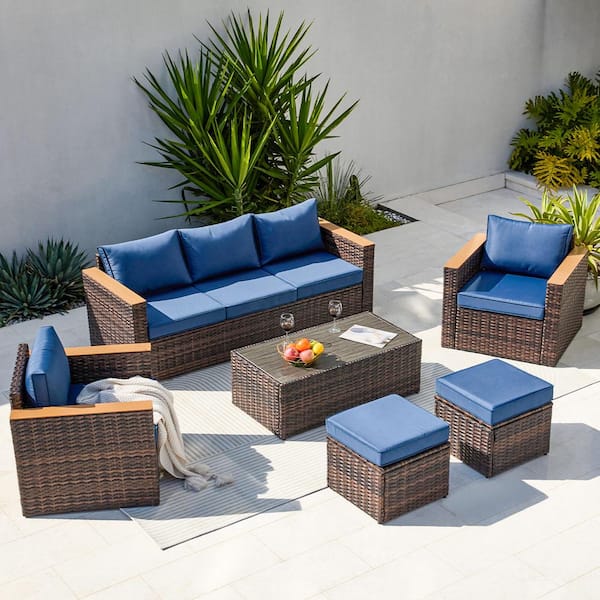 Durable Brown 6 Piece Wicker Patio Conversation Set with Blue Cushions