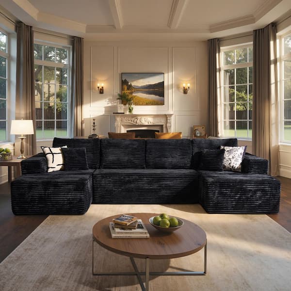 Minty 131 in. Wide Arm 3-Piece Modern Plush Corduroy U-Shape Modular Sectional Sofa in Black with Chaise