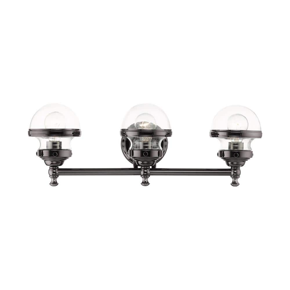 Polished Black Chrome 3-Light Vanity with Hand Blown Clear Glass