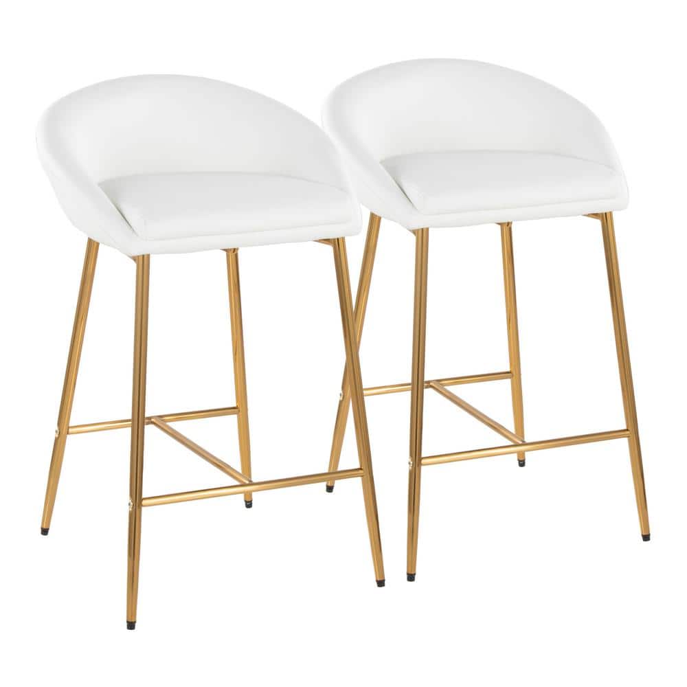 White Faux Leather and Gold Metal Counter Stools, Set of 2