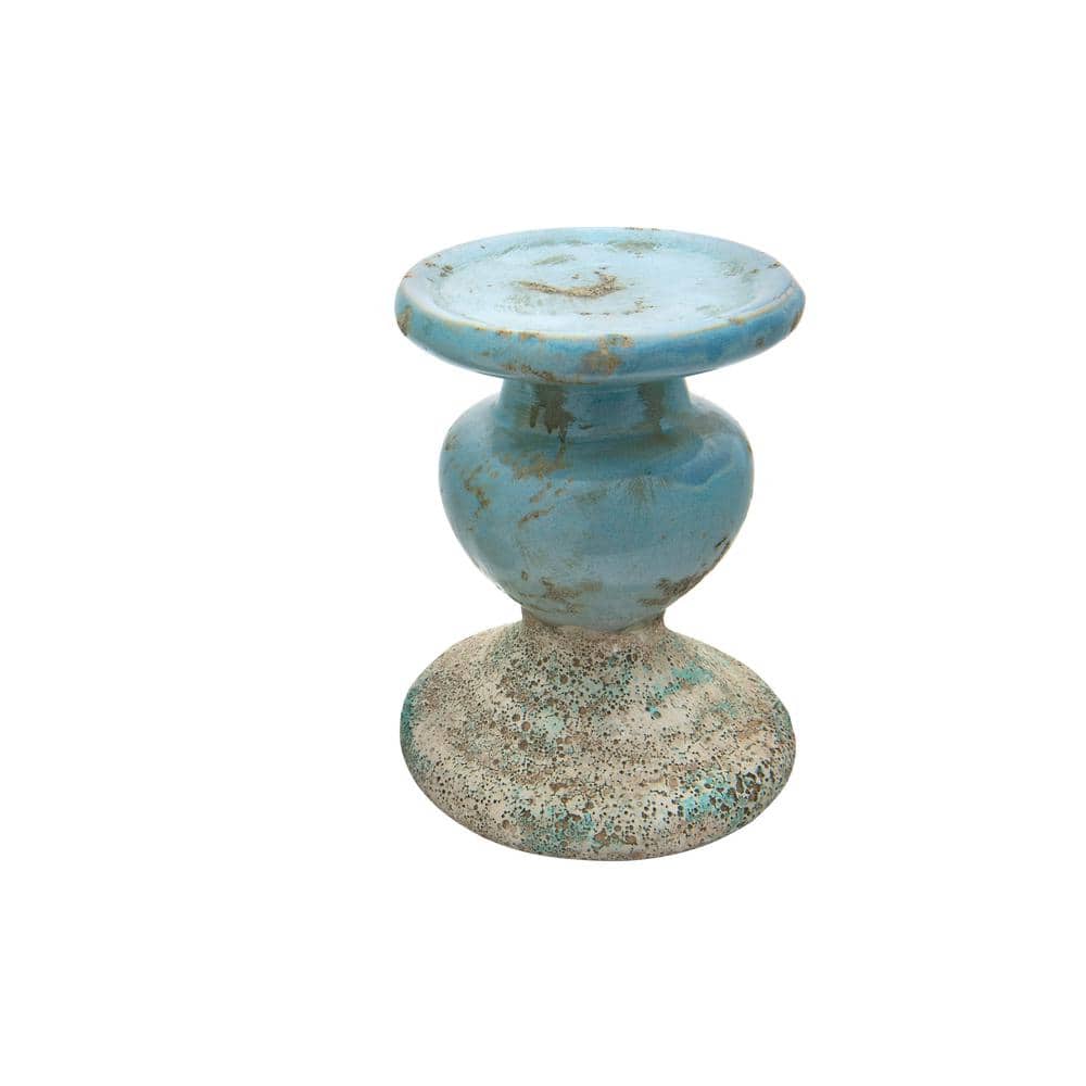 Distressed Blue Glazed Ceramic Candle Holder 5.5"x6.75"